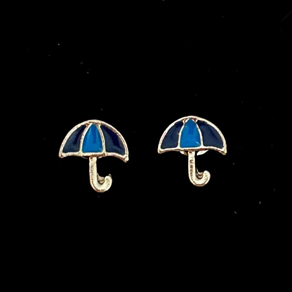 Whimsical Umbrella Stud Earrings | Blue and Silver